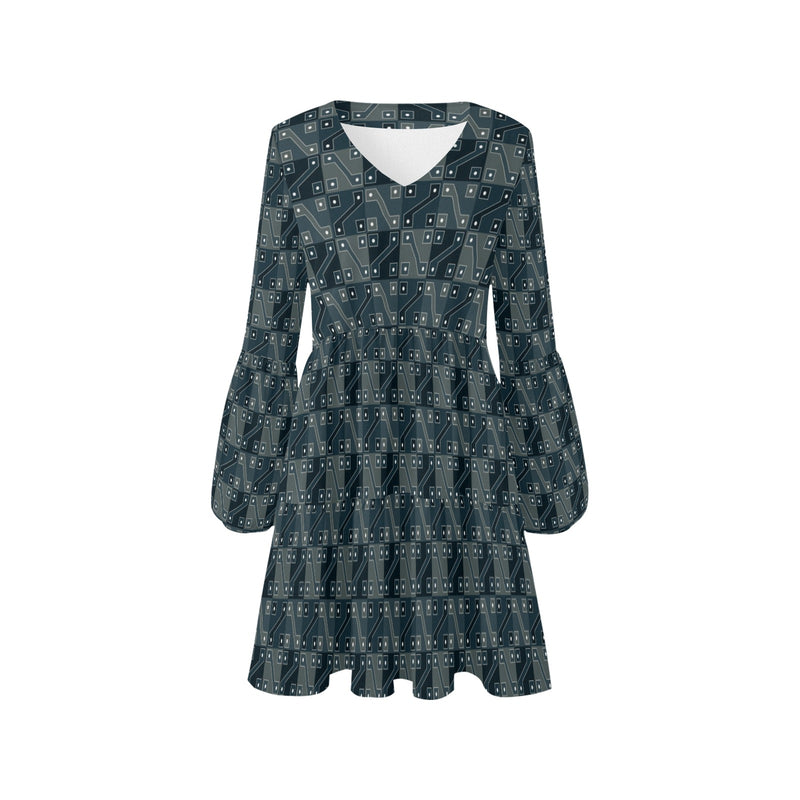 split blue inca print V-Neck Loose Fit Dress (Model D62) - Objet D'Art