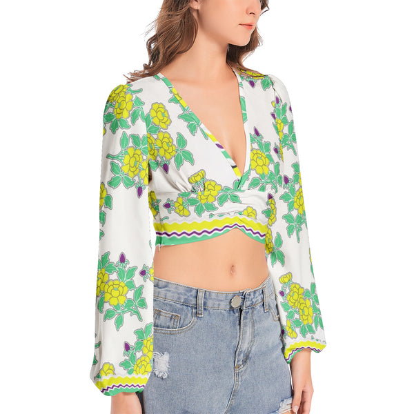 Royal Floral Women's Deep V-Neck Lantern Sleeve Crop Top - Objet D'Art