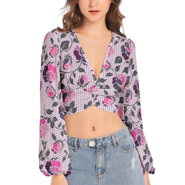 Women's Deep V-Neck Lantern Sleeve Crop Top - Objet D'Art