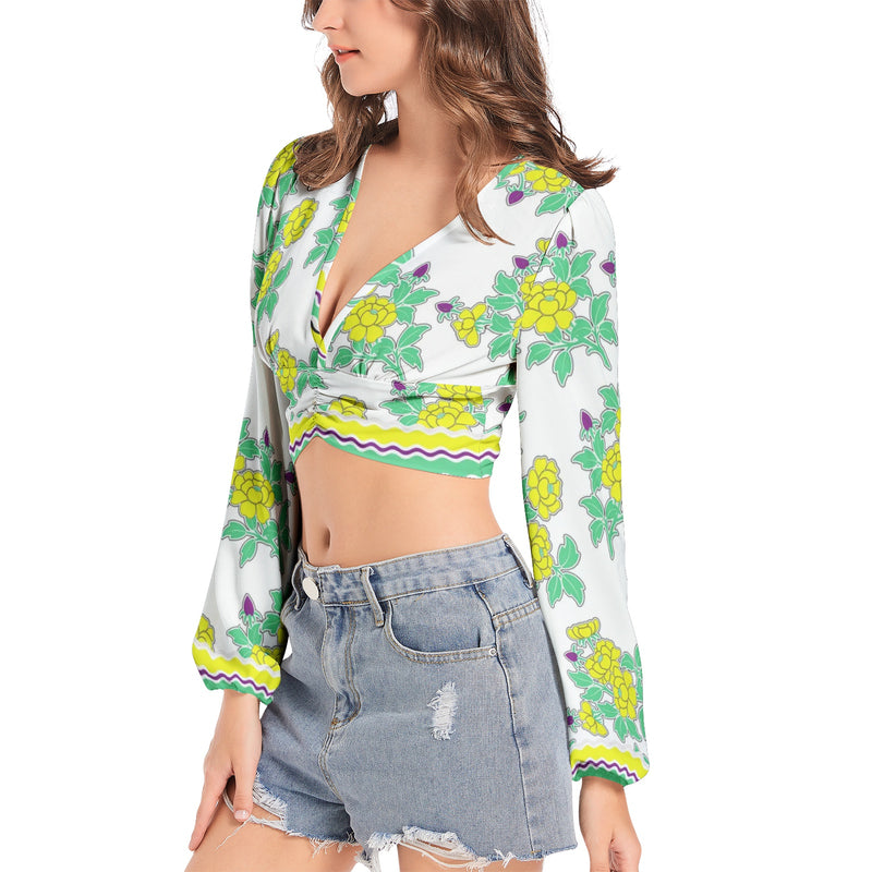 Royal Floral Women's Deep V-Neck Lantern Sleeve Crop Top - Objet D'Art