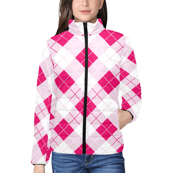 Innuendos of Pink Argyle Women's Stand Collar Padded Jacket - Objet D'Art