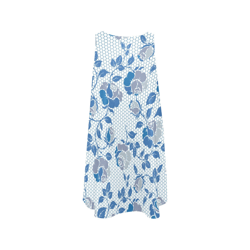 blue gray rose print Sleeveless A-Line Pocket Dress (Model D57) - Objet D'Art