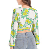 Royal Floral Women's Deep V-Neck Lantern Sleeve Crop Top - Objet D'Art