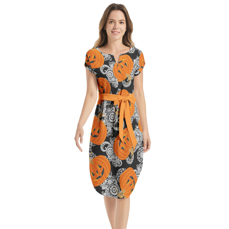 Pumpkin and Paisley Notched Neck Belted Dress - Objet D'Art