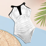 bronze print 2 swimsuit Women's High Neck Plunge Mesh Ruched Swimsuit (S43) - Objet D'Art