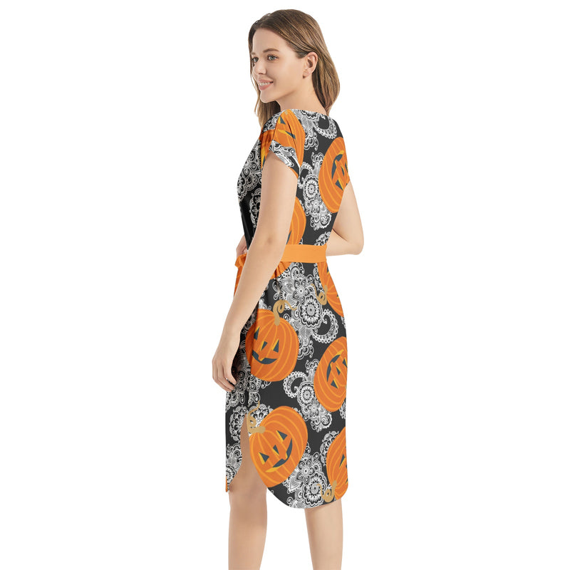 Pumpkin and Paisley Notched Neck Belted Dress - Objet D'Art