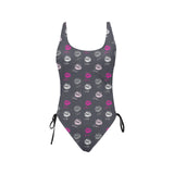 FUCHSIA LIPS POLYGLOT grey hex two tone print 2 Drawstring Side One-Piece Swimsuit (Model S14) - Objet D'Art