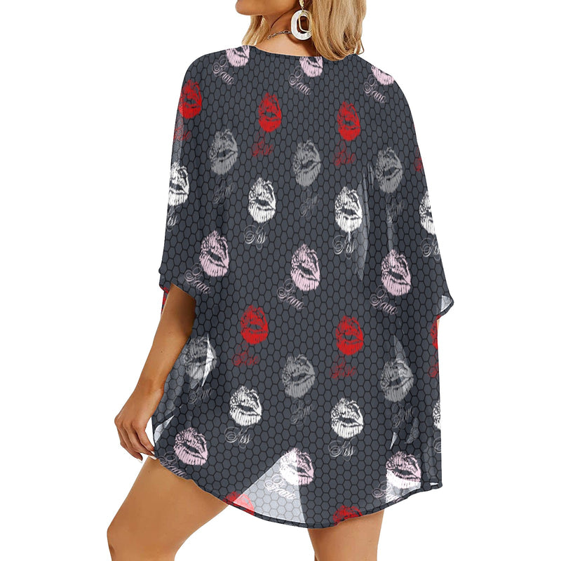 lips hex gray print Women's Kimono Chiffon Cover Up (Model H51) - Objet D'Art