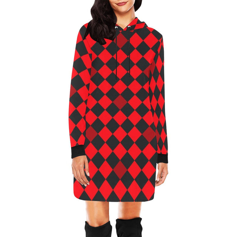 red black diamond print 2 All Over Print Hoodie Mini Dress (Model H27) - Objet D'Art