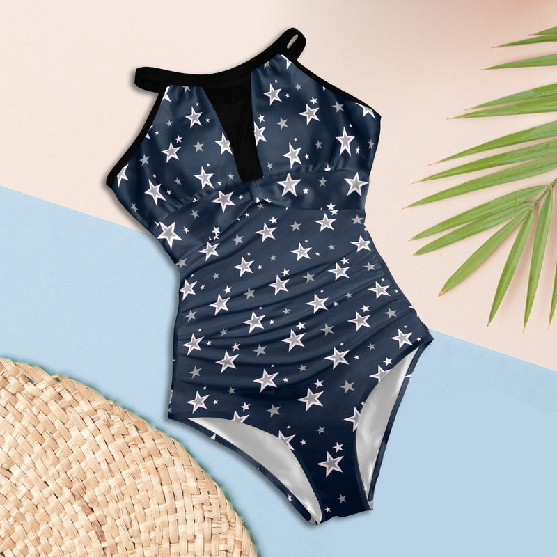 stars blue print 2 Women's High Neck Plunge Mesh Ruched Swimsuit (S43) - Objet D'Art