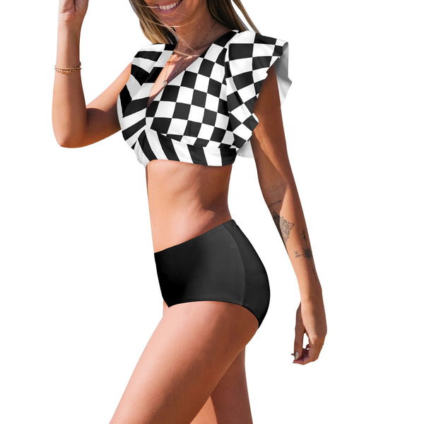 striped bw print 2 Women's Ruffle Sleeve Bikini Swimsuit (Model S42) - Objet D'Art