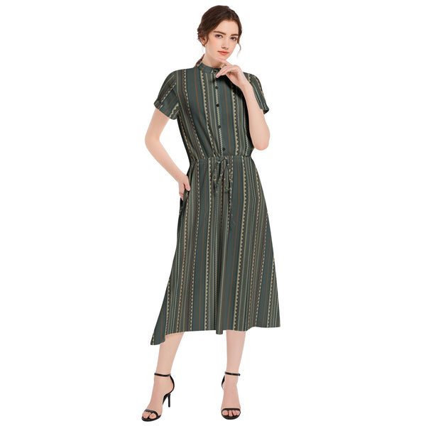 Tribal Storm Drawstring Waist A-line Flared Midi Dress - Objet D'Art