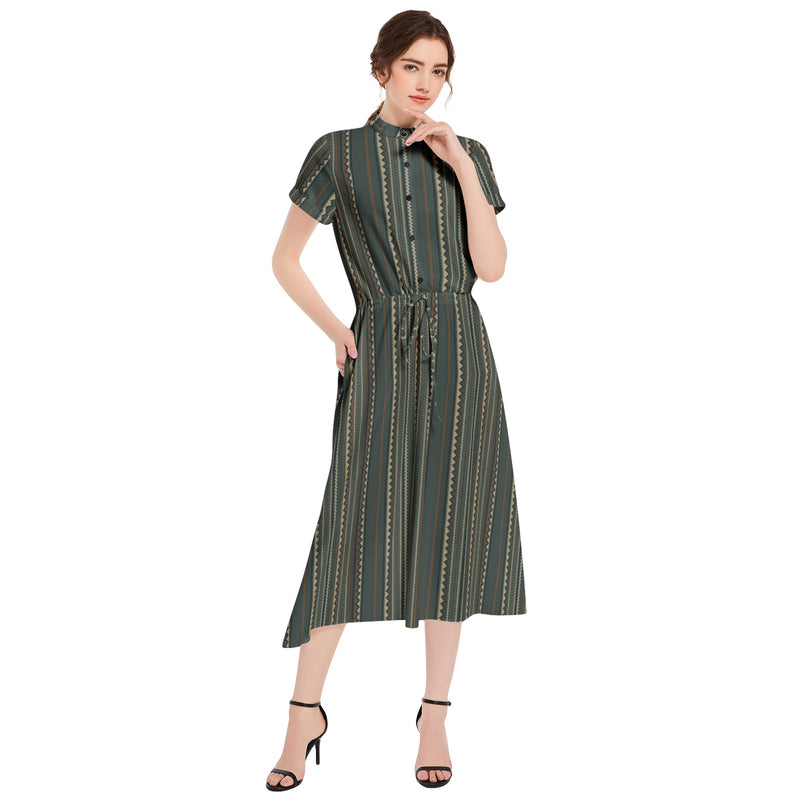 Tribal Storm Drawstring Waist A-line Flared Midi Dress - Objet D'Art