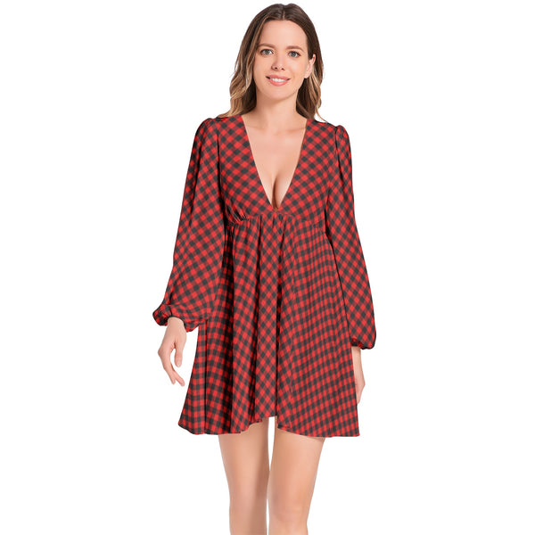 Buffalo Plaid Lantern Sleeve Deep V-Neck Short Dress - Objet D'Art