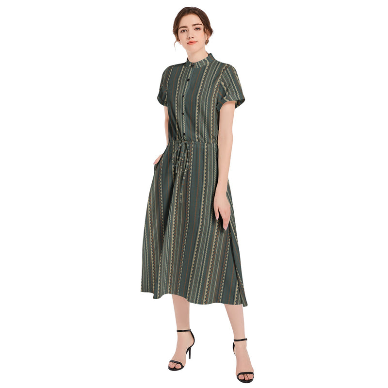 Tribal Storm Drawstring Waist A-line Flared Midi Dress - Objet D'Art