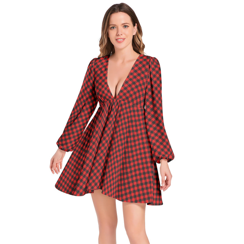 Buffalo Plaid Lantern Sleeve Deep V-Neck Short Dress - Objet D'Art