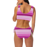 fuchsia bands print Bow Tie Front Bikini Swimsuit (Model S38) - Objet D'Art