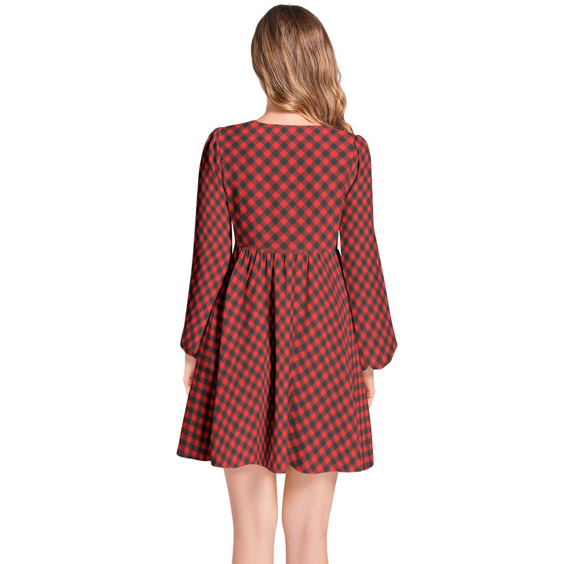 Buffalo Plaid Lantern Sleeve Deep V-Neck Short Dress - Objet D'Art