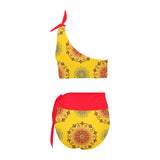 scarlet flame print 2 High Waisted One Shoulder Bikini Set (Model S16) - Objet D'Art