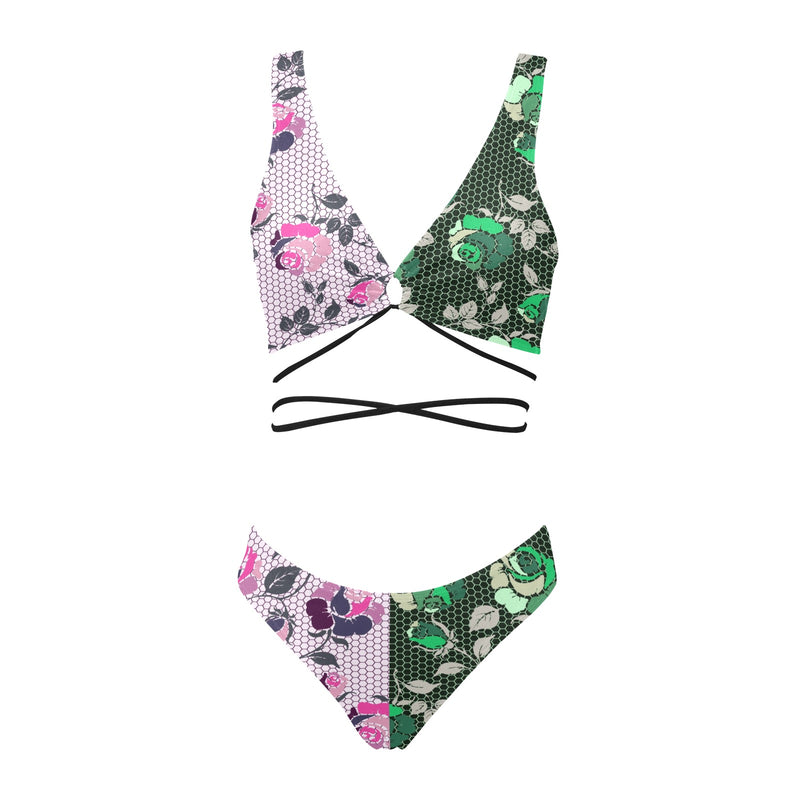 green rose print 2 Cross String Bikini Set (Model S29) - Objet D'Art