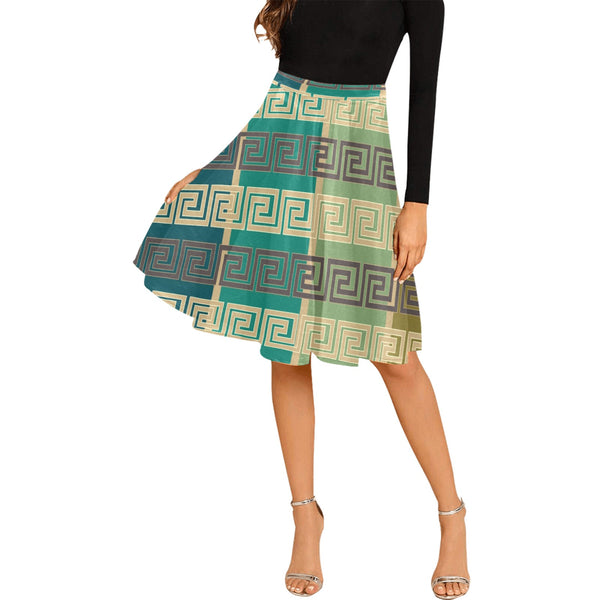 striped greek key print Melete Pleated Midi Skirt (Model D15) - Objet D'Art