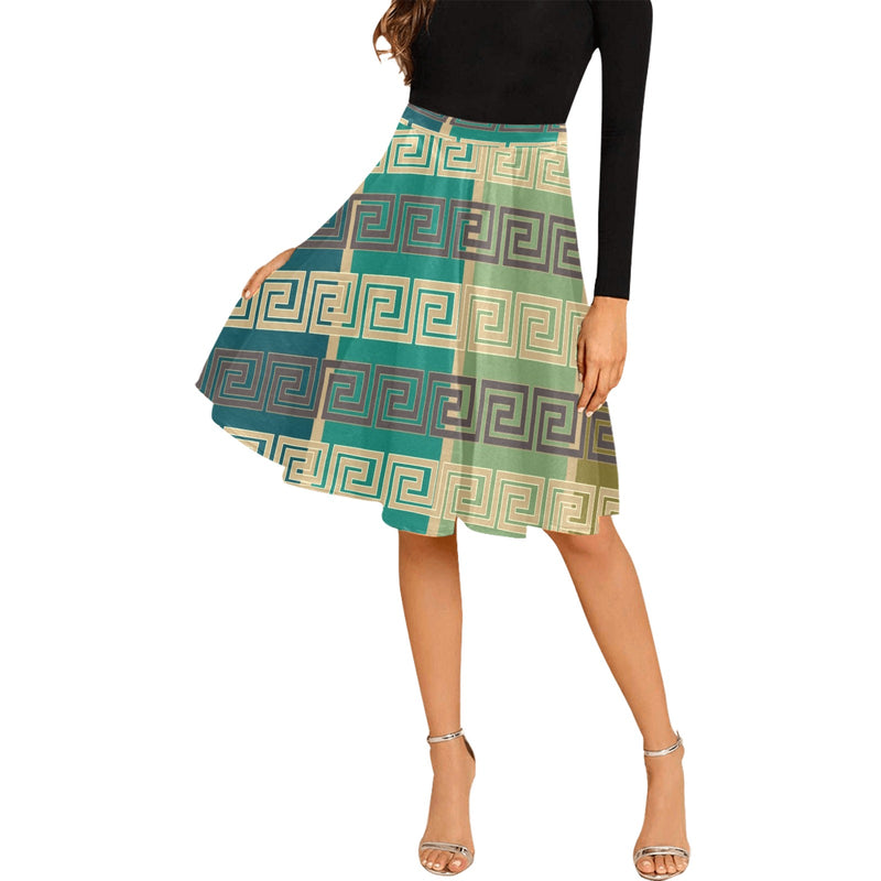 striped greek key print Melete Pleated Midi Skirt (Model D15) - Objet D'Art
