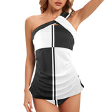 bw striped reverse print Women's One Shoulder Backless Swimsuit (Model S44) - Objet D'Art