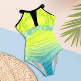 neon green hex print 5 Women's High Neck Plunge Mesh Ruched Swimsuit (S43) - Objet D'Art