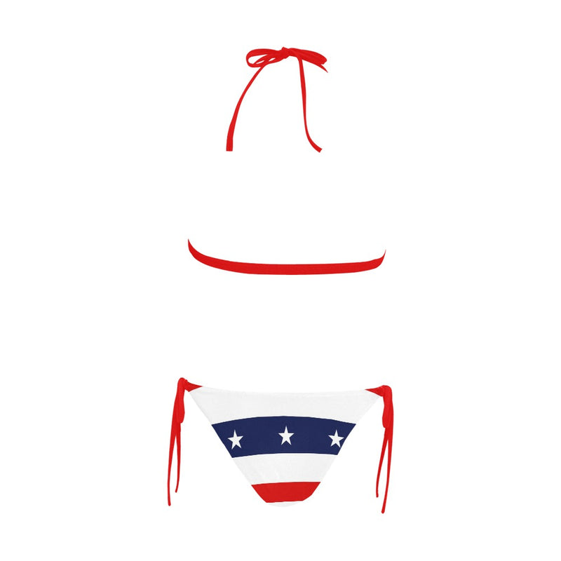 red white blue star and stripes print Buckle Front Halter Bikini Swimsuit (Model S08) - Objet D'Art