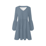 steel blue gray solid V-Neck Loose Fit Dress (Model D62) - Objet D'Art