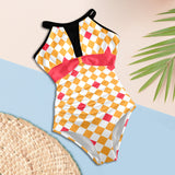 pink peach print Women's High Neck Plunge Mesh Ruched Swimsuit (S43) - Objet D'Art