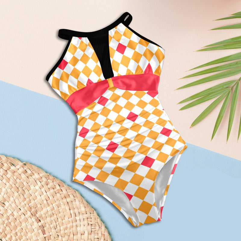 pink peach print Women's High Neck Plunge Mesh Ruched Swimsuit (S43) - Objet D'Art