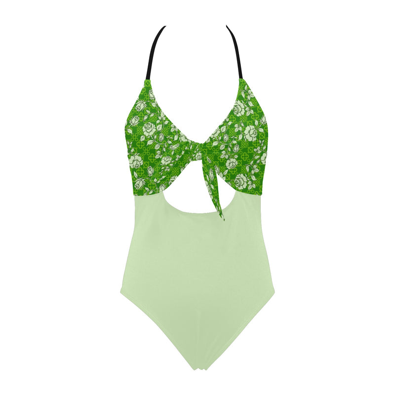 froggy green print Backless Hollow Out Bow Tie Swimsuit (Model S17) - Objet D'Art