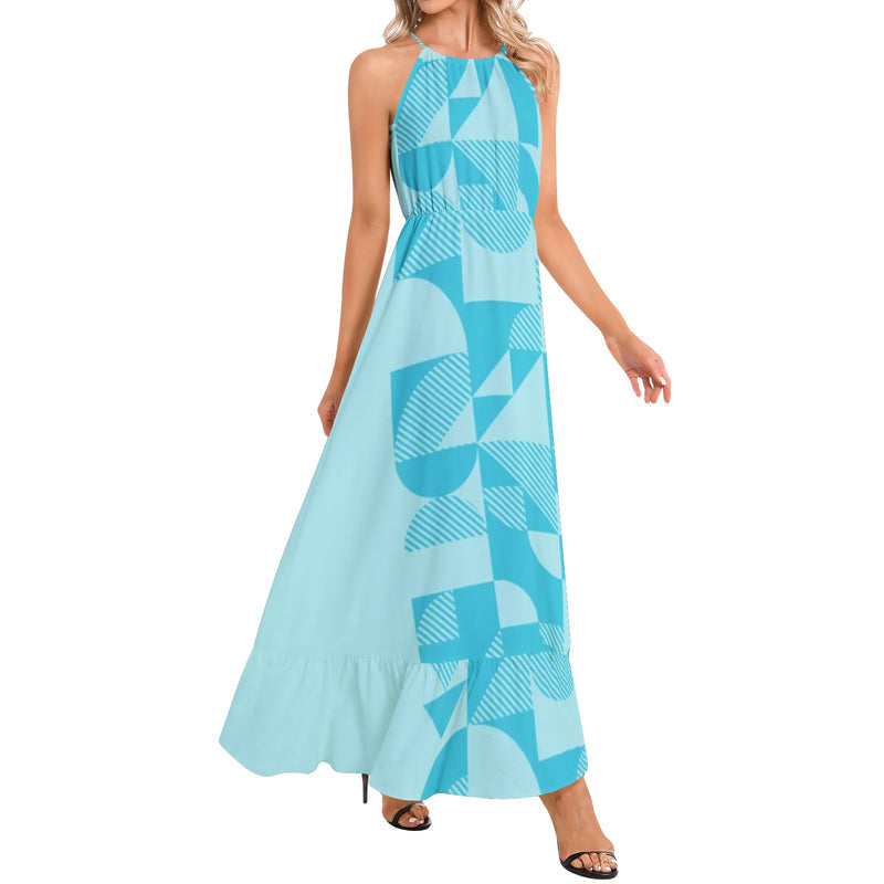 Blue Bauhaus Ruffle Hem Halter Neck Maxi Dress - Objet D'Art