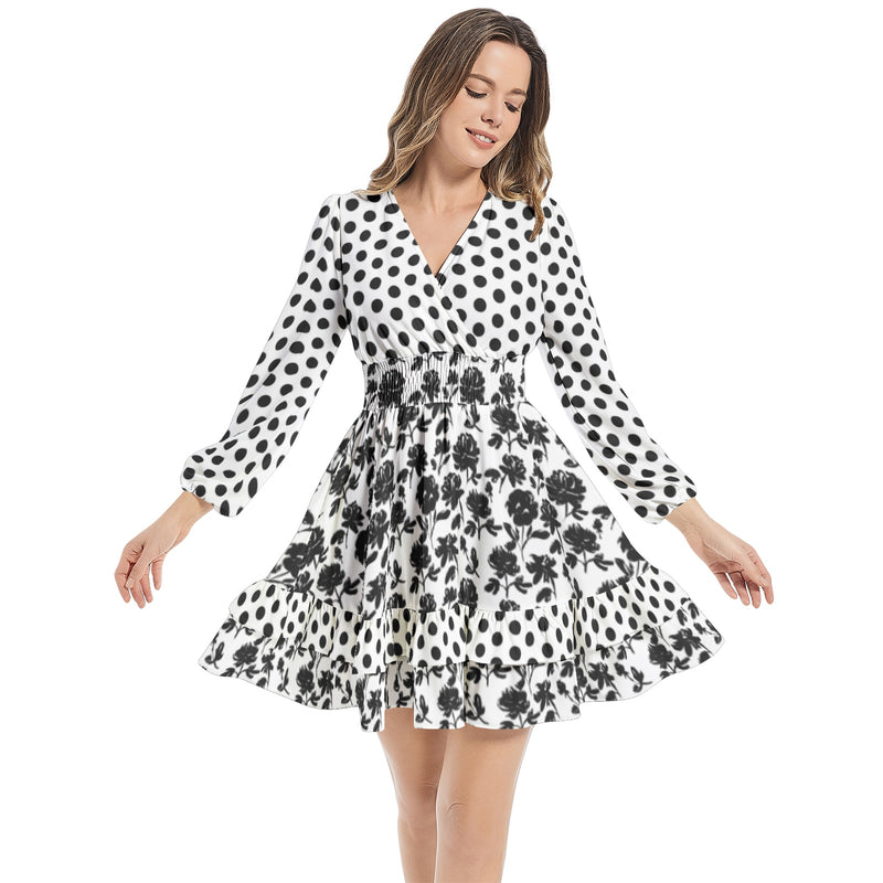 Floral Silhouette Long Sleeve Tiered Ruffle Hem Elastic Waist Mini Dress - Objet D'Art