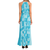 Blue Bauhaus Ruffle Hem Halter Neck Maxi Dress - Objet D'Art