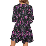 multicolored rose on dark green print V-Neck Loose Fit Dress (Model D62) - Objet D'Art