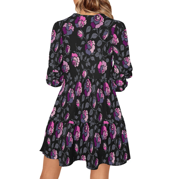 multicolored rose on dark green print V-Neck Loose Fit Dress (Model D62) - Objet D'Art