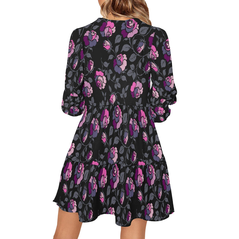 multicolored rose on dark green print V-Neck Loose Fit Dress (Model D62) - Objet D'Art