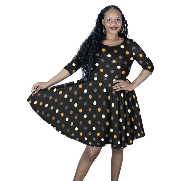 earthtone polka dot print 4A Half Sleeve Skater Dress (Model D61) - Objet D'Art