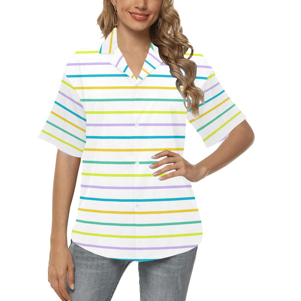 pastel accented white stripe 2 A All Over Print Hawaiian Shirt for Women (Model T58) - Objet D'Art