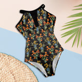 floral plant print Women's High Neck Plunge Mesh Ruched Swimsuit (S43) - Objet D'Art