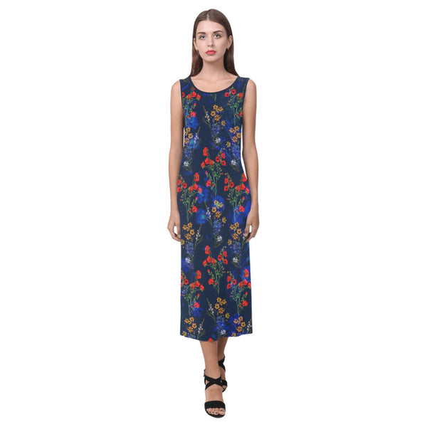 red gold blue floral print 2 Phaedra Sleeveless Open Fork Long Dress (Model D08) - Objet D'Art