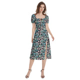 Floral Bouquet Puff Sleeve Split Thigh Midi Dress - Objet D'Art