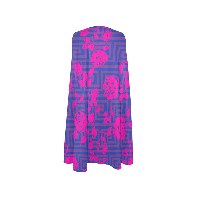 blue mauve greek key fuchsia rose print 4 Sleeveless A-Line Pocket Dress (Model D57) - Objet D'Art
