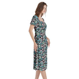 Floral Bouquet Puff Sleeve Split Thigh Midi Dress - Objet D'Art