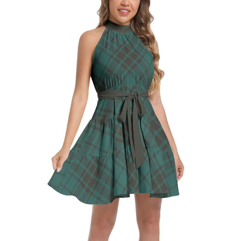 Wintergreen Plaid Ruffle Hem Belted Halter Dress - Objet D'Art