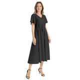 Black Flutter Sleeve Drawstring Waist Flared Dress - Objet D'Art
