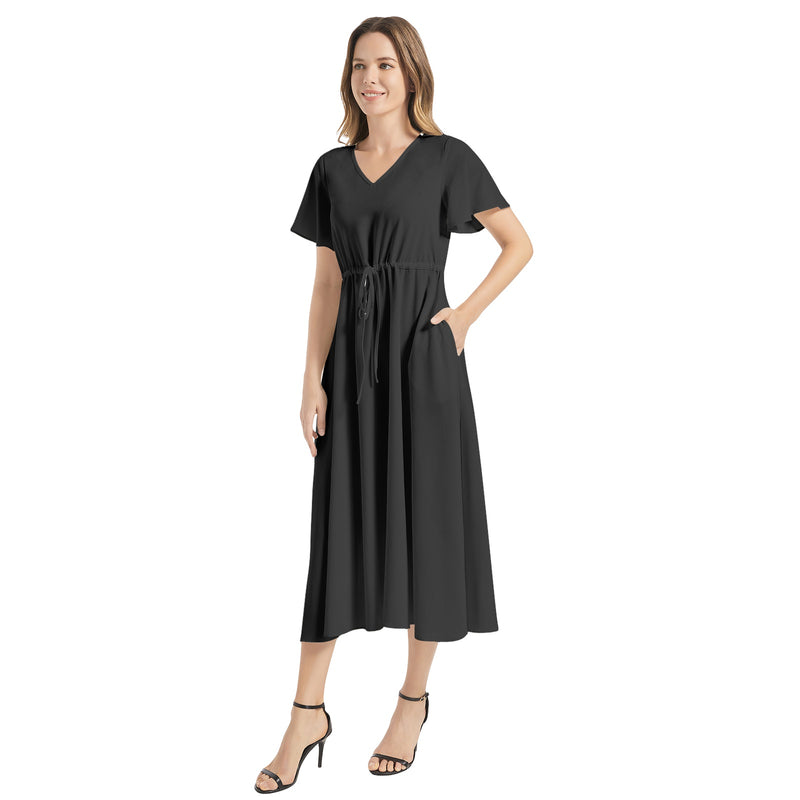 Black Flutter Sleeve Drawstring Waist Flared Dress - Objet D'Art