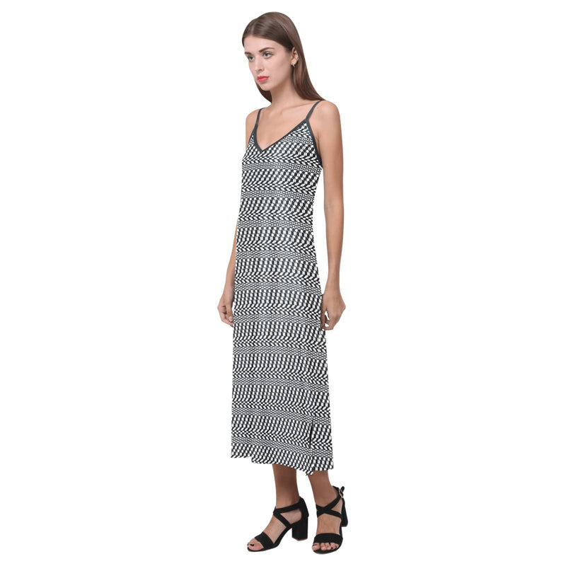 striped geo print 5C V-Neck Open Fork Long Dress(Model D18) - Objet D'Art